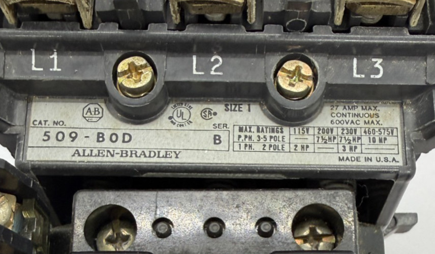 509-BOD Allen-Bradley Motor Starter Contactor 10 HP 600 VAC 27 amps. Size 1 (Z2)
