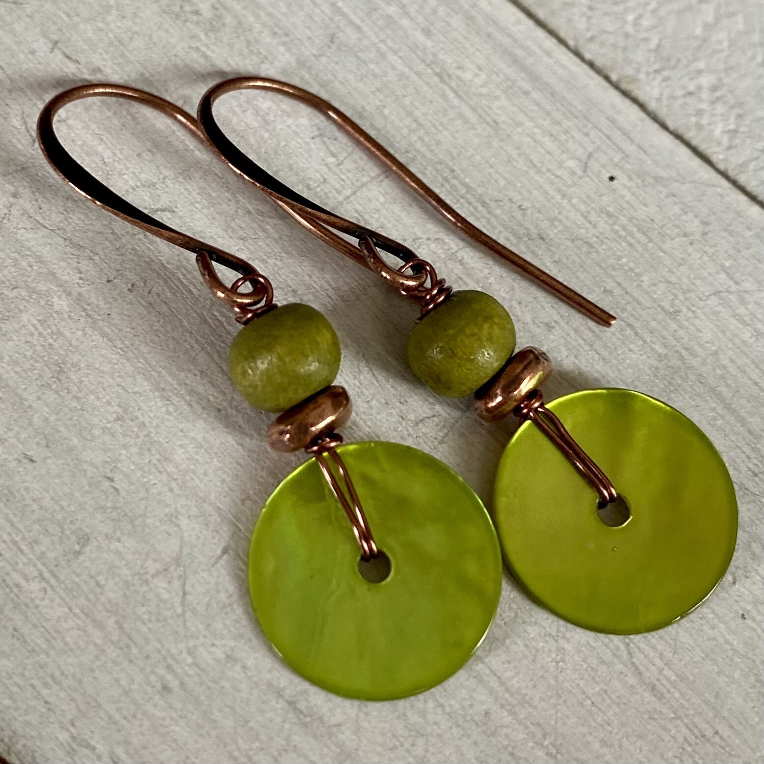Min Favorit Lime Green MOP Shell, Wood & Antique Copper Artisan Earrings