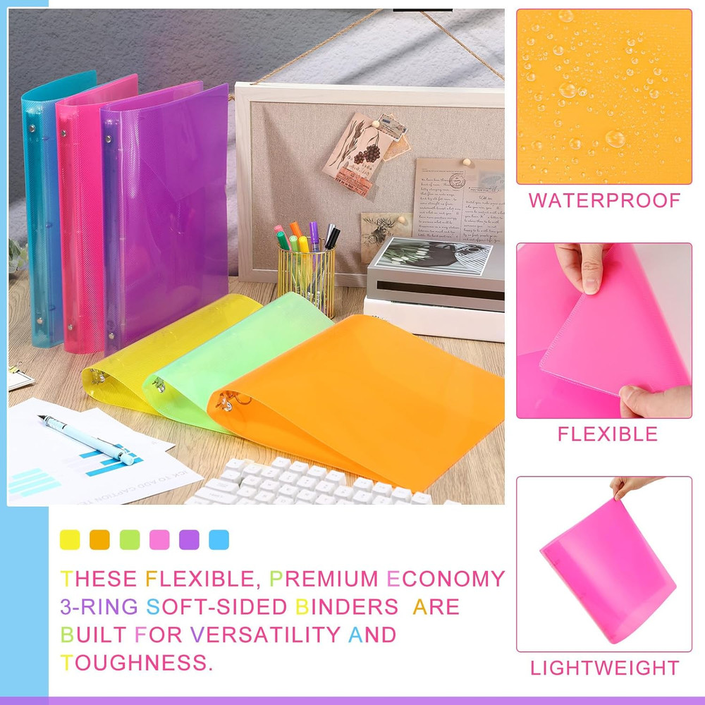 6 Pack Plastic 3 Ring Binder Assorted Colors Economy Flexible Round Ring Present
