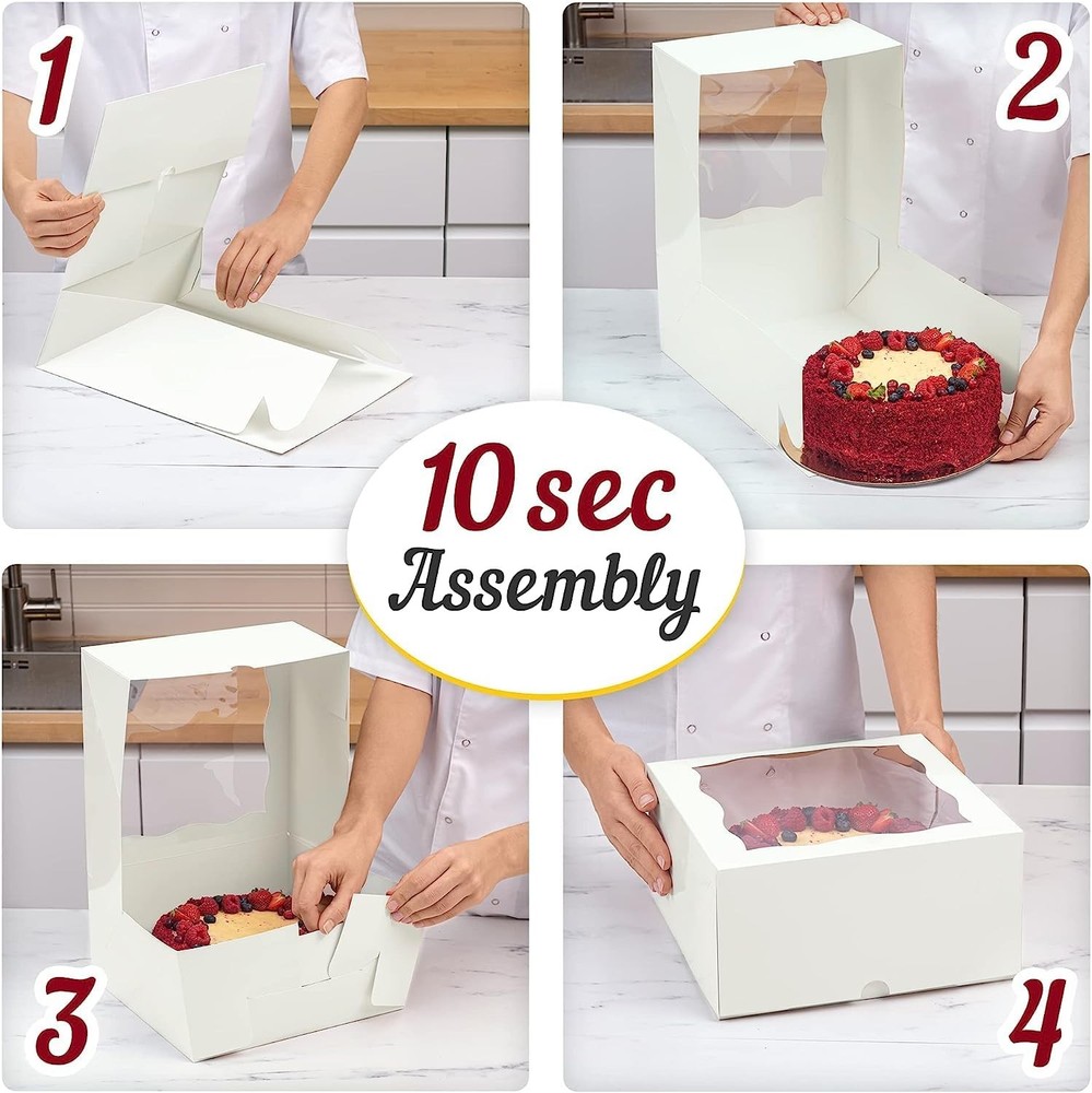 Premium Cake Boxes with Cake Boards Set - 12 Front-Loading Sturdy Cardboard C...