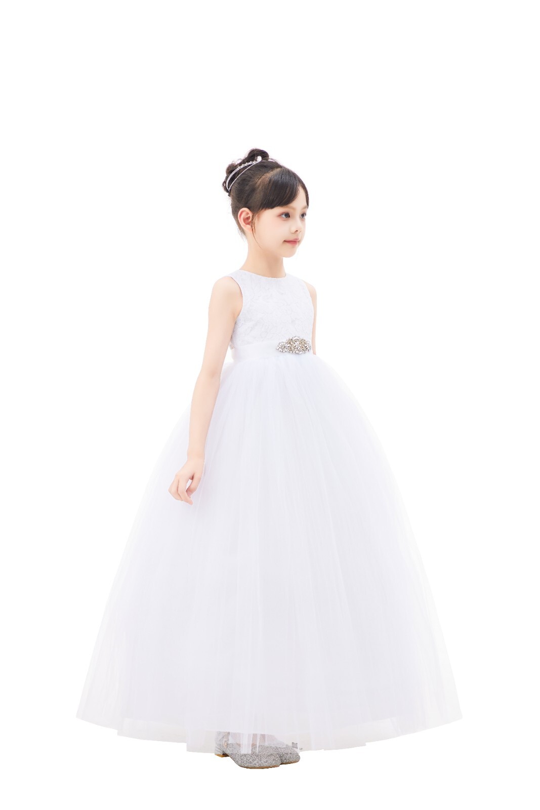 Heart Cutout Floral Lace Flower Girl Dress with Rhinestone Birthday Dresses