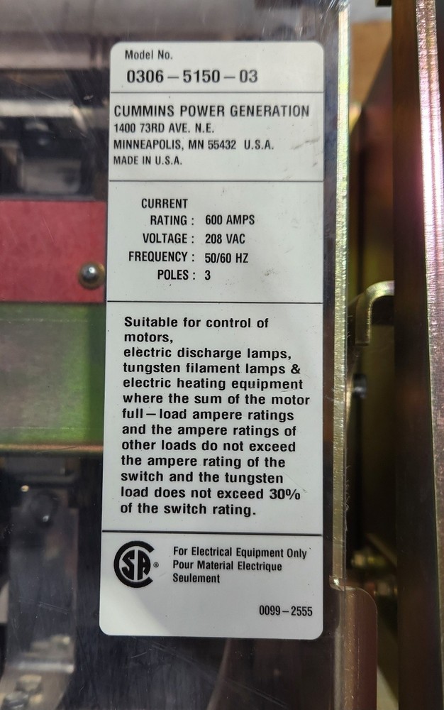 CUMMINS 0306-5150--03 600A 208V 3P AUTOMATIC TRANSFER SWITCH BASE MOUNTED BTPC