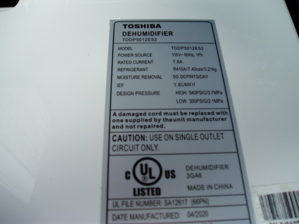 Toshiba TDDP5012ES2 Dehumidifier Control Panel Button Board