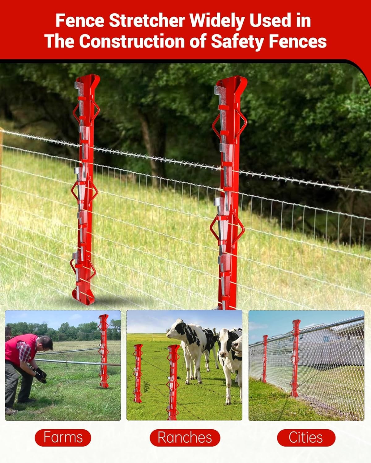 4Ft Woven Wire Fence Stretcher Bar with 5 Wedges, Red Fence Stretcher Tool Steel