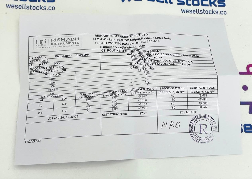RISHABH INSTRUMENTS RISH Xmer 100/100V Current Transformer 800/5A