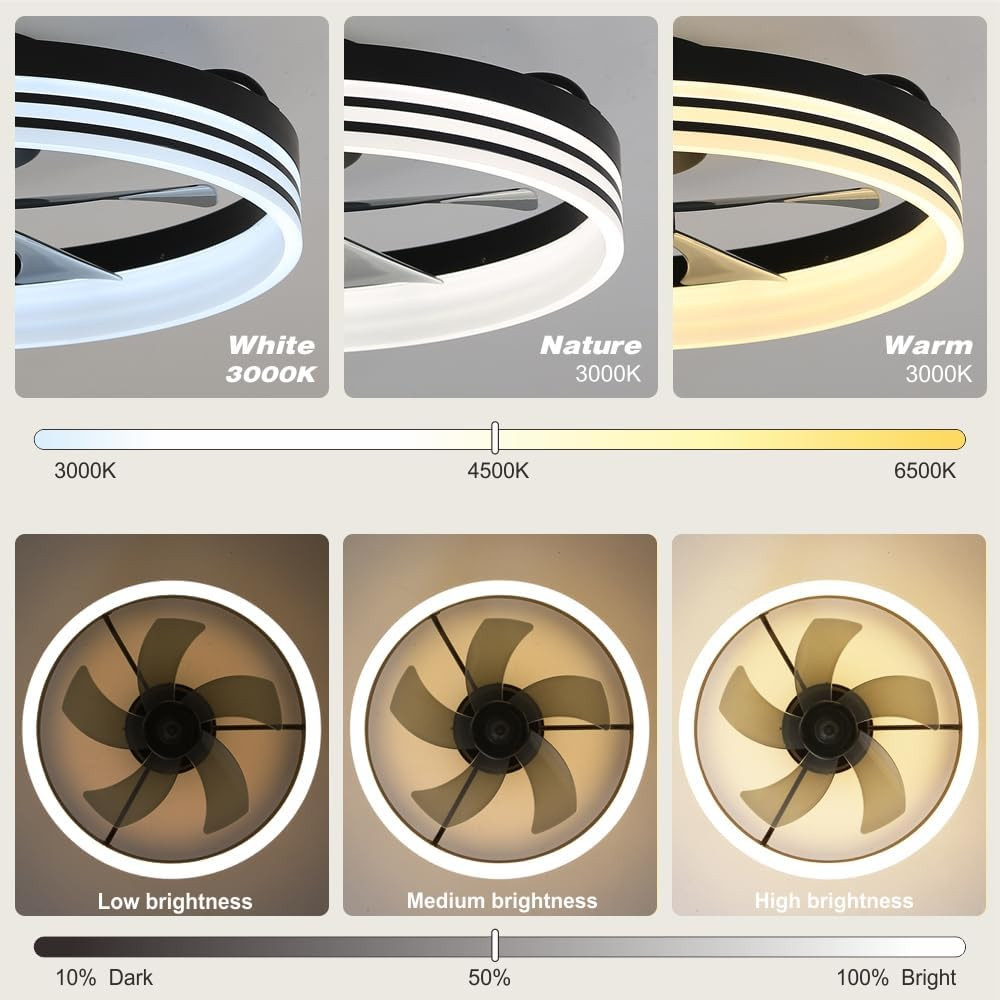 20" Modern Ceiling Fans with Lights and Remote, Flush Mount Bladeless Dimmable C