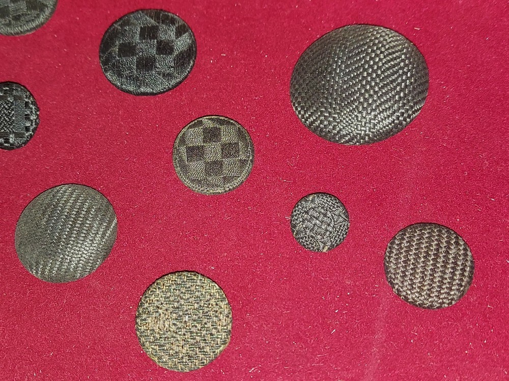 12 Antique Woven Textile Pad Back Buttons - Paris Back Marks