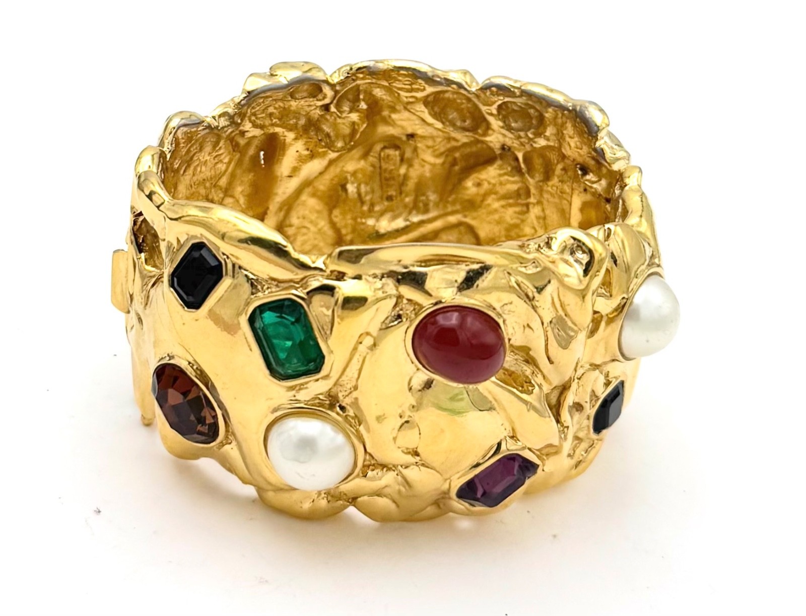 Vintage Ciner Mogul Gold Tone Pearl Gemstone Heavy Clamper Statement Bracelet