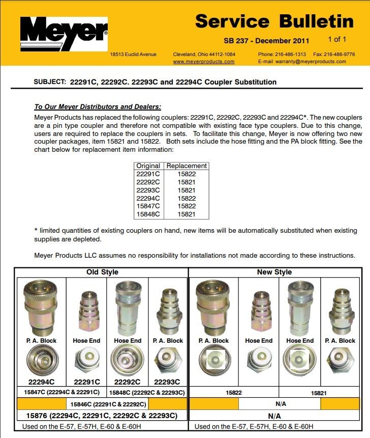 MEYER SNOW PLOW HYDRAULIC QUICK COUPLER DRIVER SIDE (LEFT) KIT 15847 15822