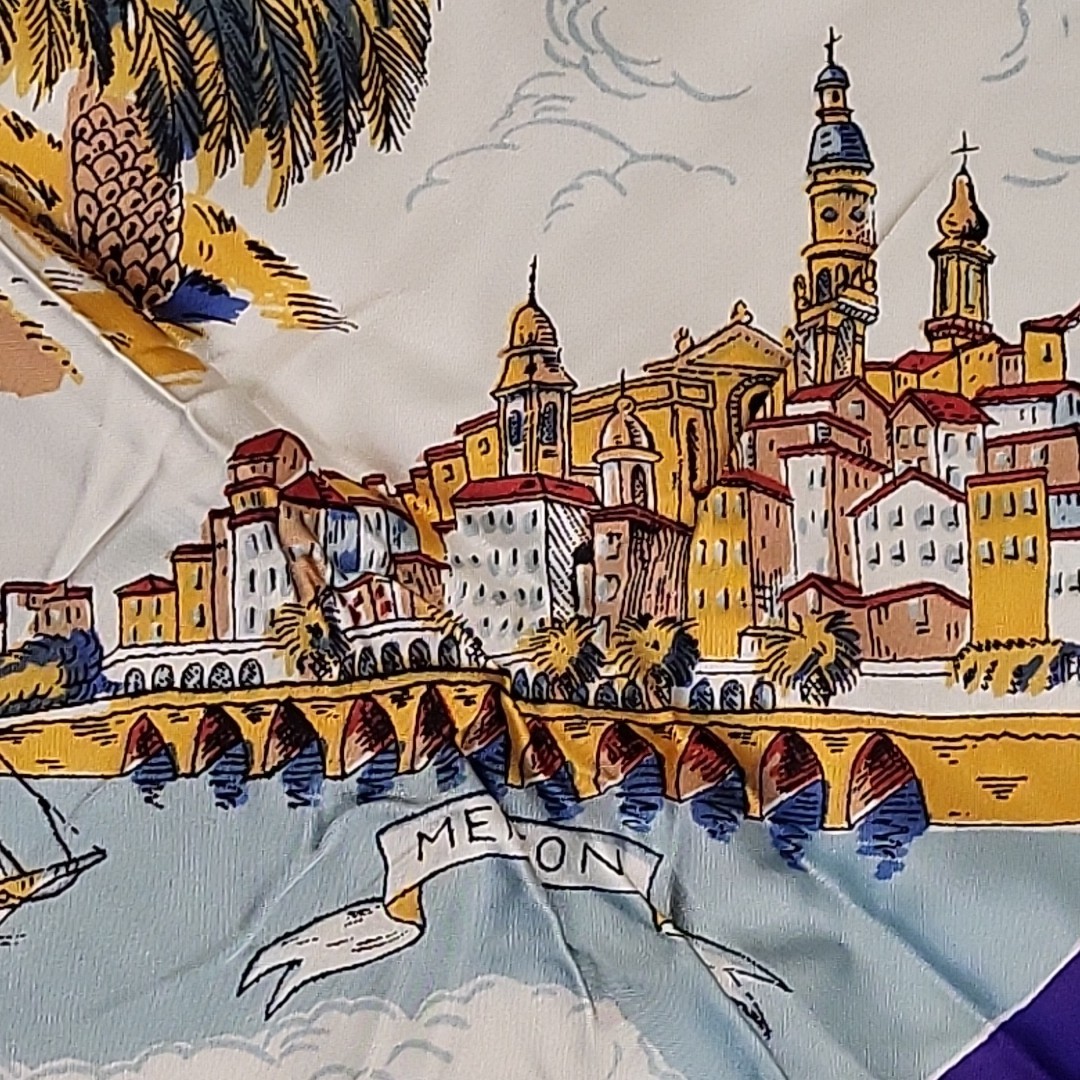 Vtg 50s/60s Côte d'Azur Silk Souvenir Scarf - French Riviera Map Mermaid 30"