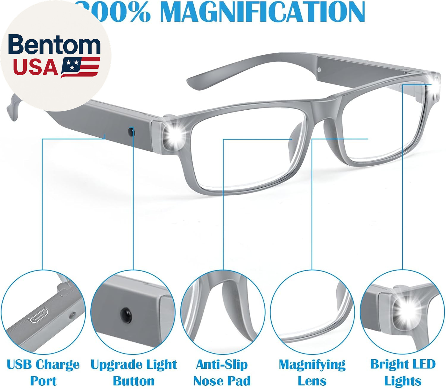 200% Magnifying Glasses with Light,Usb Rechargeable LED Lighted Magnifying Eyewe