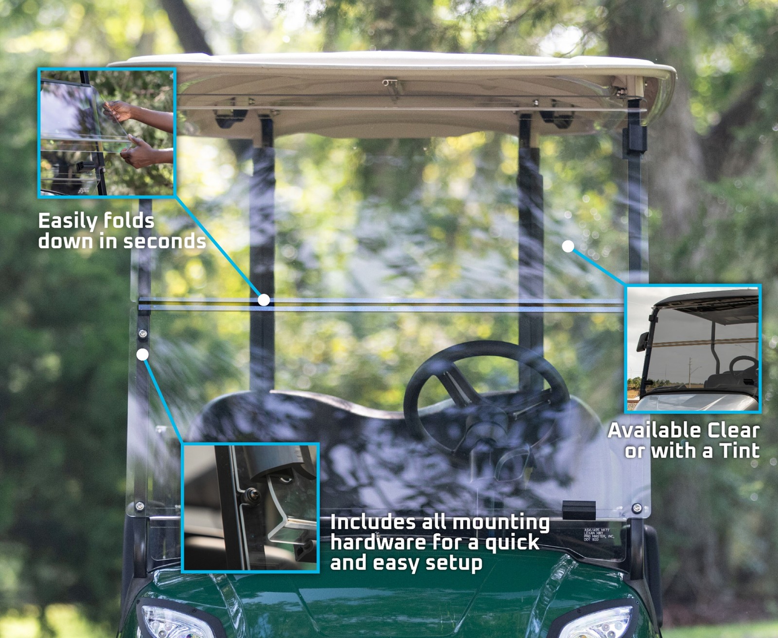 RedDot 36" High Tinted Fold-Down Windshield for ICON i20, I40, i60 Golf Carts