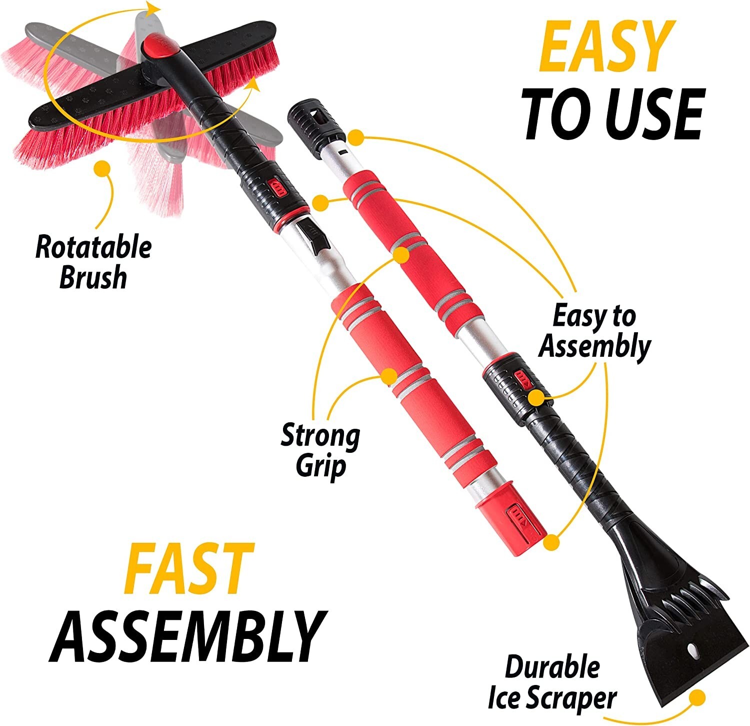 62" Portable Extendable Snow Brush and Ice Scraper 360° Pivoting Brush Head