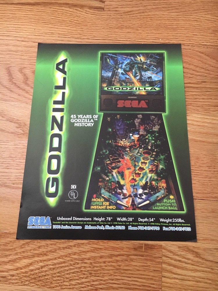 Sega Godzilla Pinball Machine Flyer, 1998 NOS