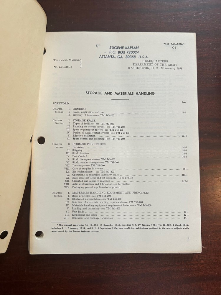 1958 US Army Technical Book : Storage & Materials Handling, w/changes 1-6
