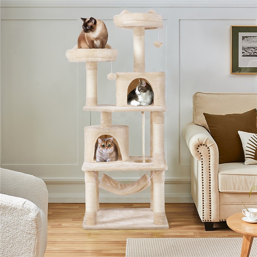 62.5" Multi-Level Cat Tree Tower w/ 2 Condos, Hammock & Scratching Posts Beige