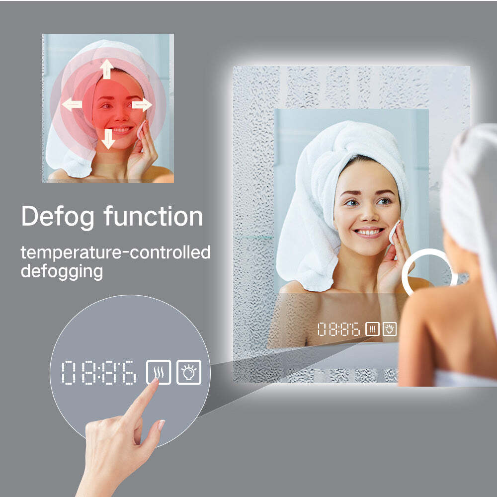 LED Lighted Frameless Smart Bathroom Mirror - Time/Temperature/Magnifying