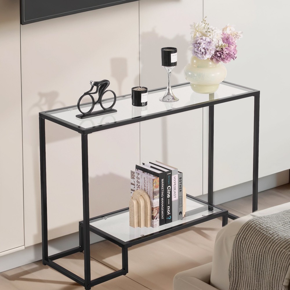 [New]2-Tier Glass Console Table, Modern Rectangle Sofa Side Table with Tempered