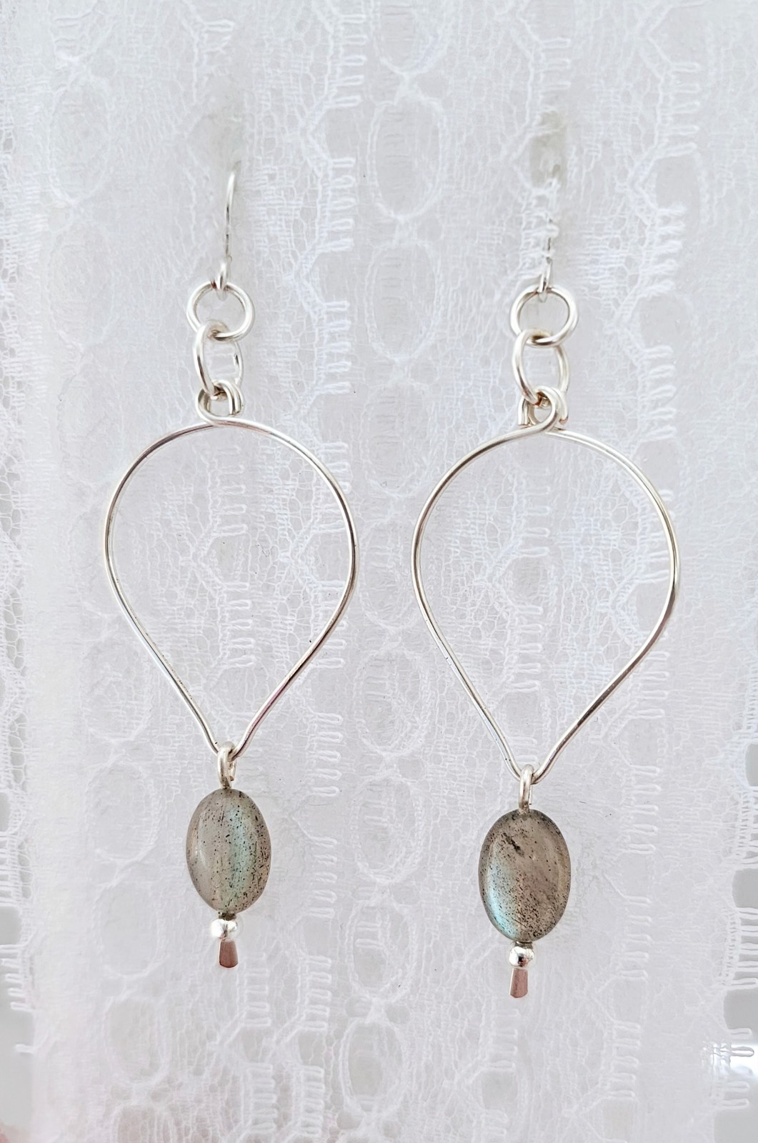 Handmade Silver Teardrop Hoop Dangle Boho Earrings with Labradorite Gemstones