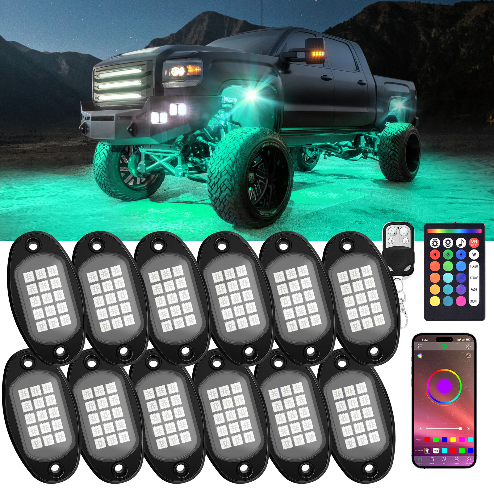 12 Pods RGB LED Rock Lights, 3 Control Way Bluetooth Remote & Fob Underbody Lamp
