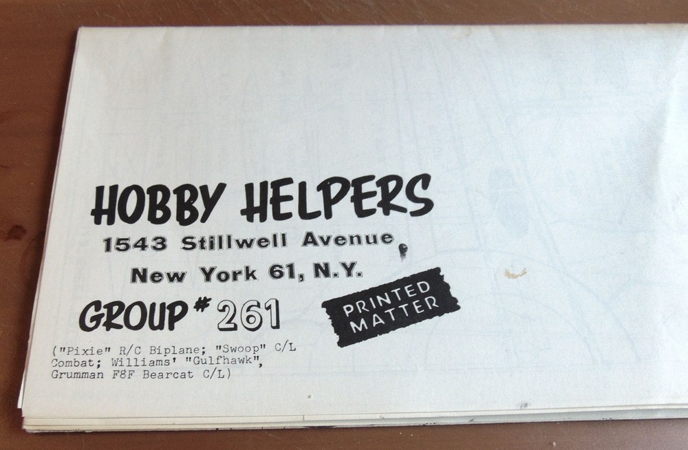 Hobby Helpers Model Airplane Plan Set #261, Pixie RC, Swoop CL Combat, Bearcat