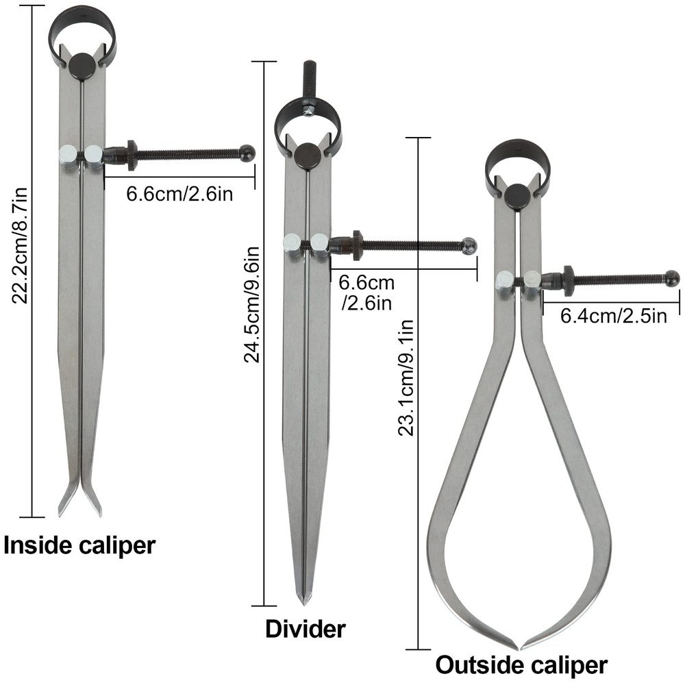 3 Piece Spring Caliper/Divider Set 8 inches Inside Spring Outside Divider Cal...