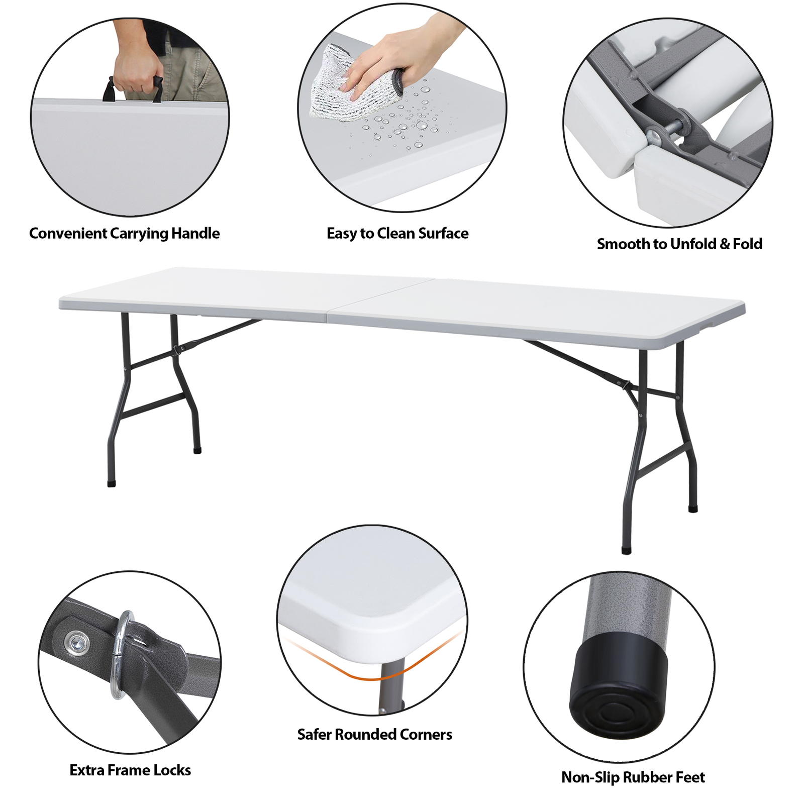 8FT Folding Table Fold-in-Half Plastic Dining Picnic Table for Outdoor w/ Handle