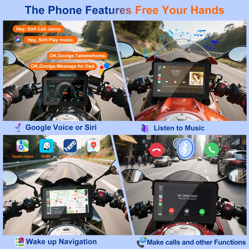 7" Wireless Motorcycle CarPlay Android Auto GPS Navigation HD Waterproof Screen