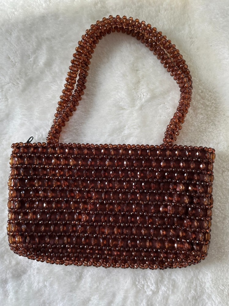 Brown beaded rectangular women's shoulder bag/purse  two beaded handles 10"x6"