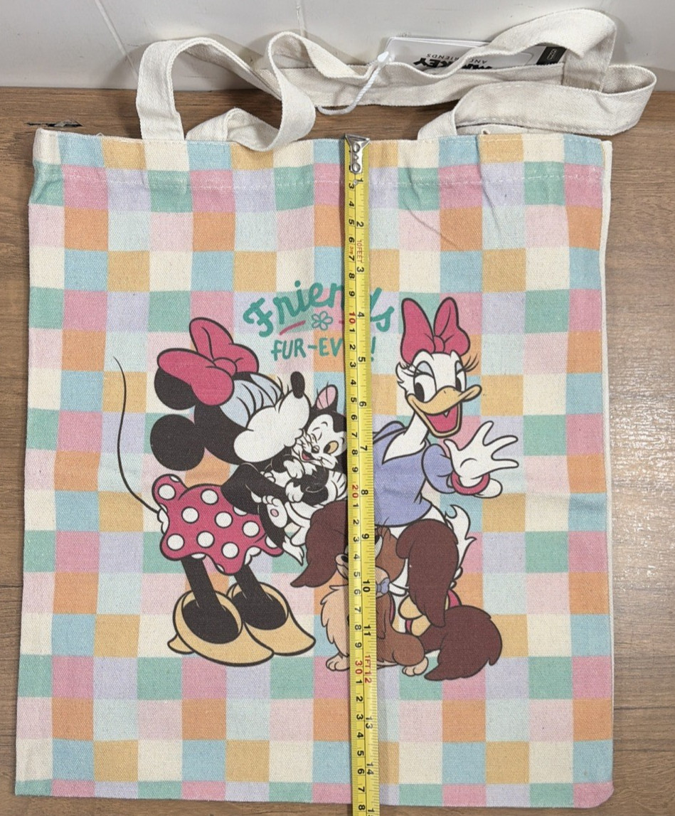 Disney Mickey and Friends Cute Picnic Canvas Tote Bag Pastel Checkered Pattern