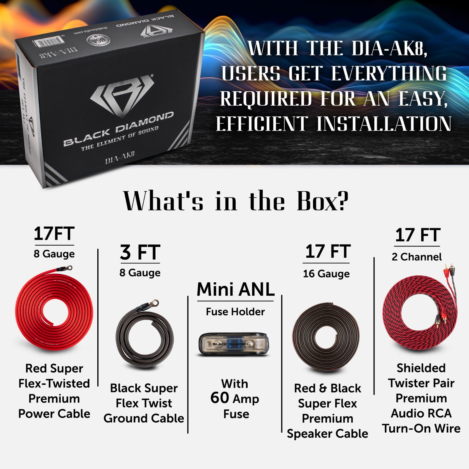 Black Diamond DIA-AK8 Amplifier Wiring Kit 8-GA (Up to 840W), Amp Wire Kit