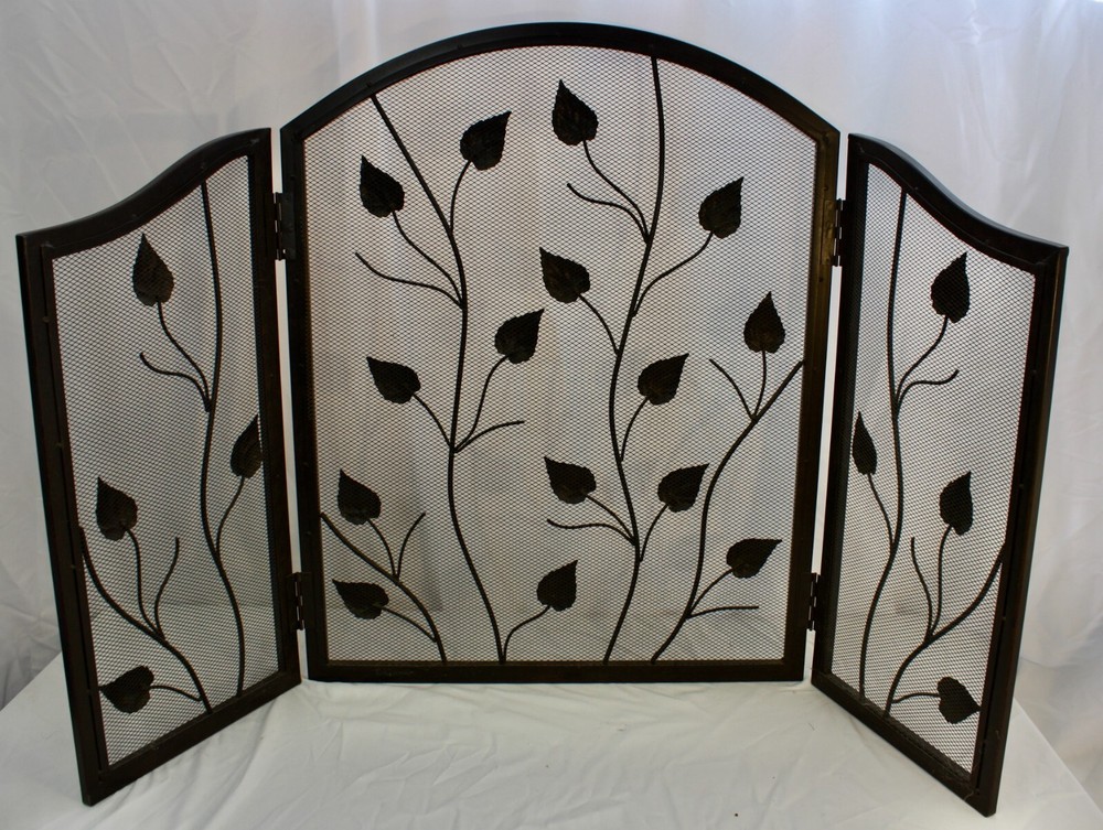 FIRE SCREEN: Classic Wrought Iron 3-panel Folding Screen Featuring Climbing Ivy