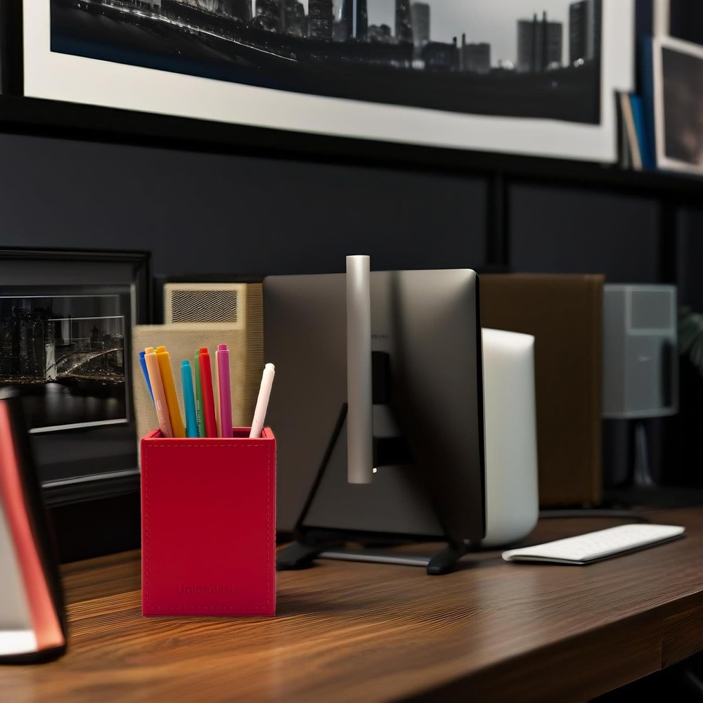 UnionBasic Square Pen Holder, Leather Pencil Cup, Desktop Caddy Red