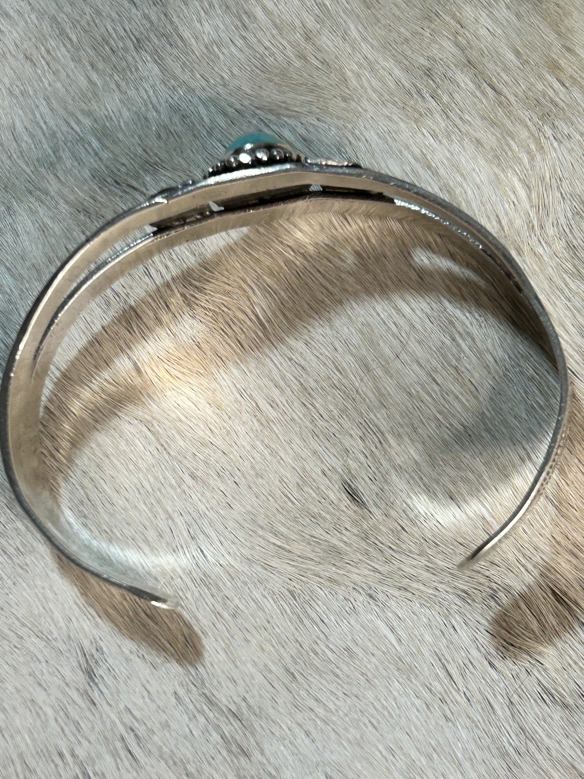 Turquoise & Sterling Silver Cuff Bracelet with Designs. Unmarked But Tested. 7"