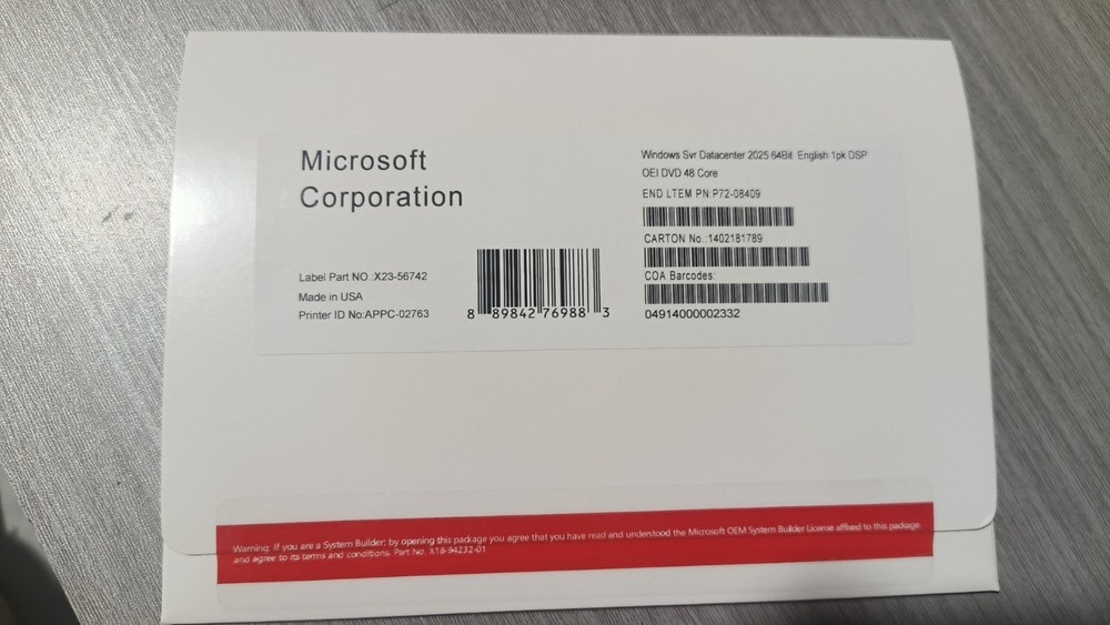 Microsoft Windows server 2025 Datacentre 64Bit 48 Core DVD&KEY New in Box
