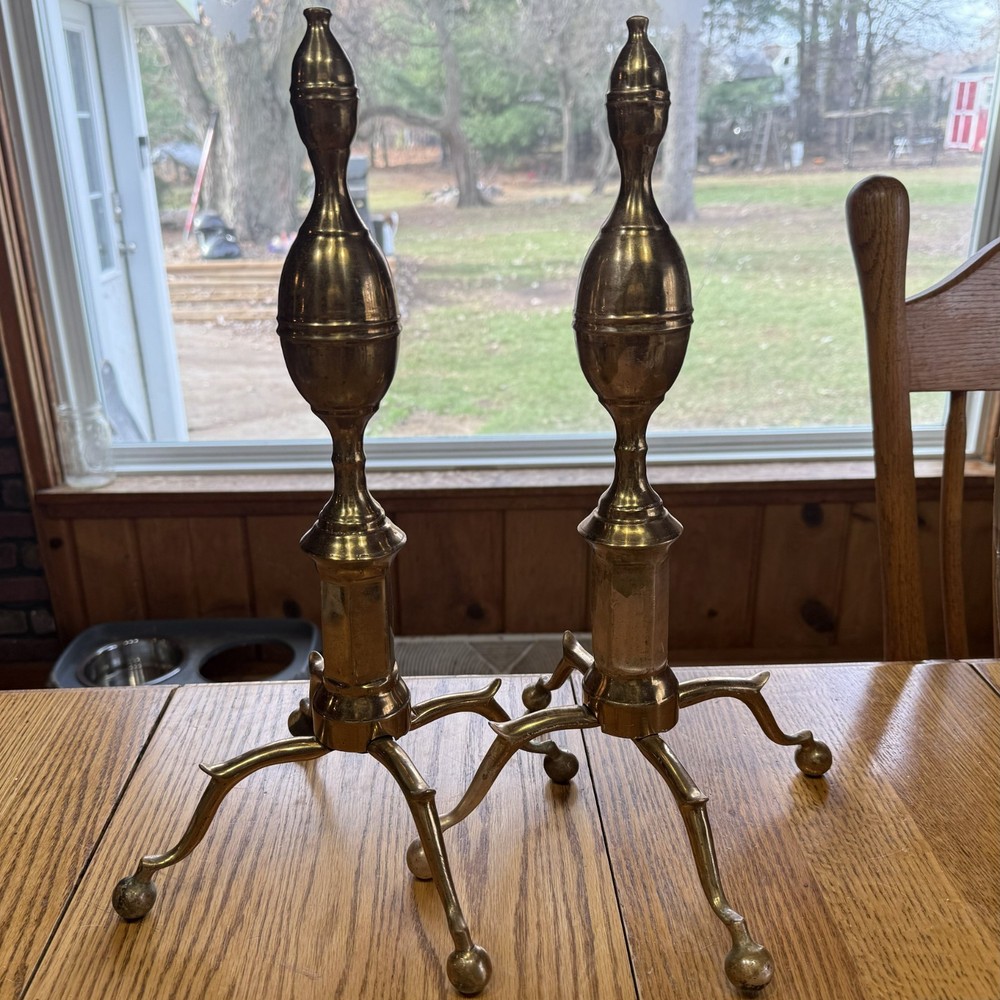 Vintage Pair Solid Brass Fireplace Andirons, Needs Deep Polishing