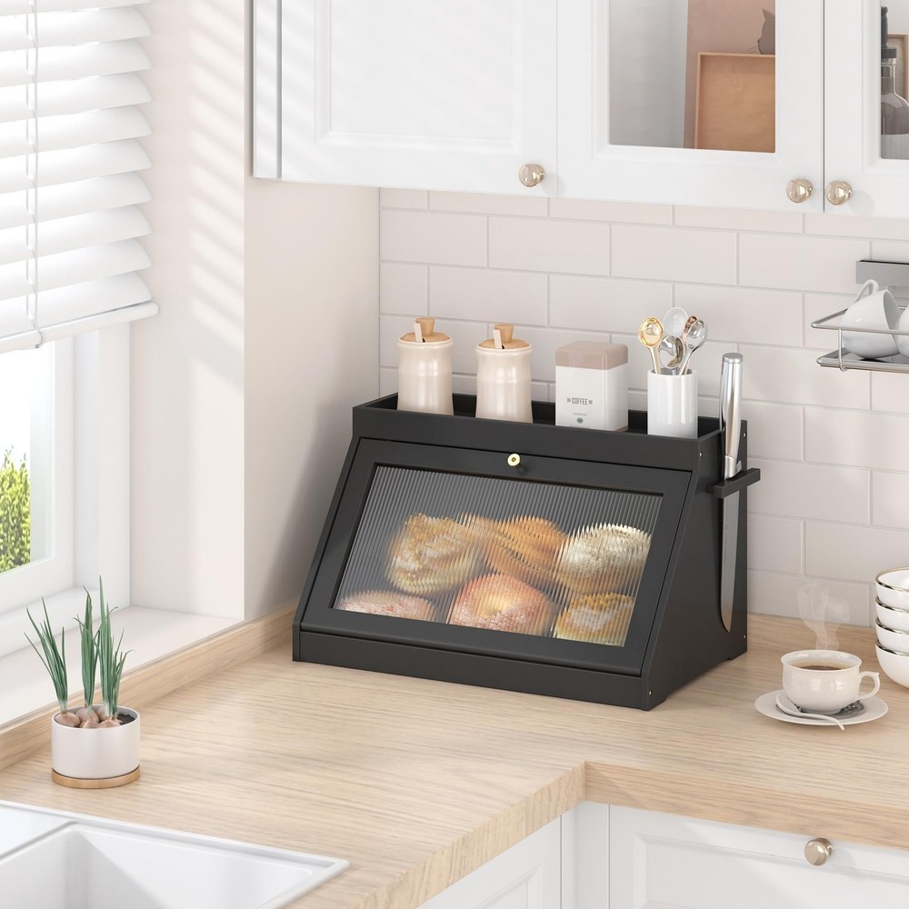 Bamboo Bread Box with Shelf for Kitchen Counter-Large Capacity Bread Storage ...