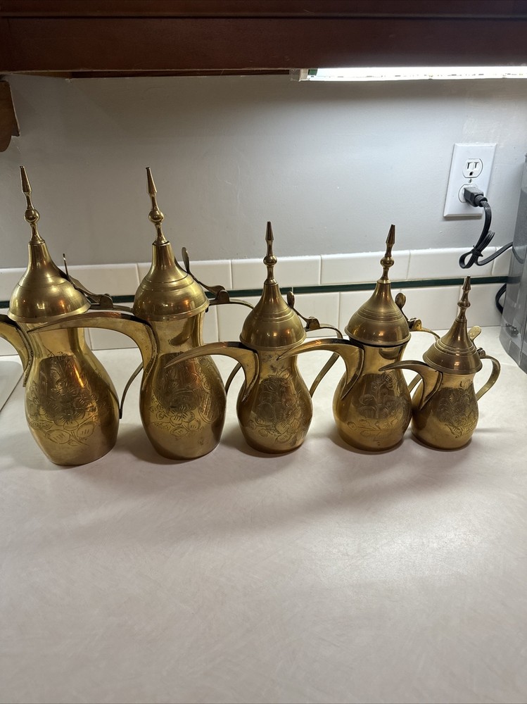 Dallah Coffee Maker Pot Brass VTG Middle Eastern Asian Arab 5 Pc Set