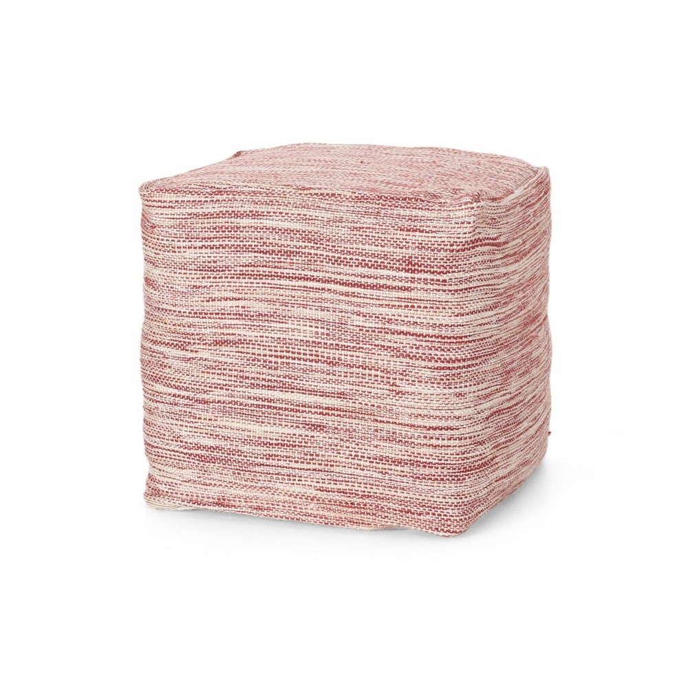 Boho Handmade Fabric Cube Pouf, Red and White