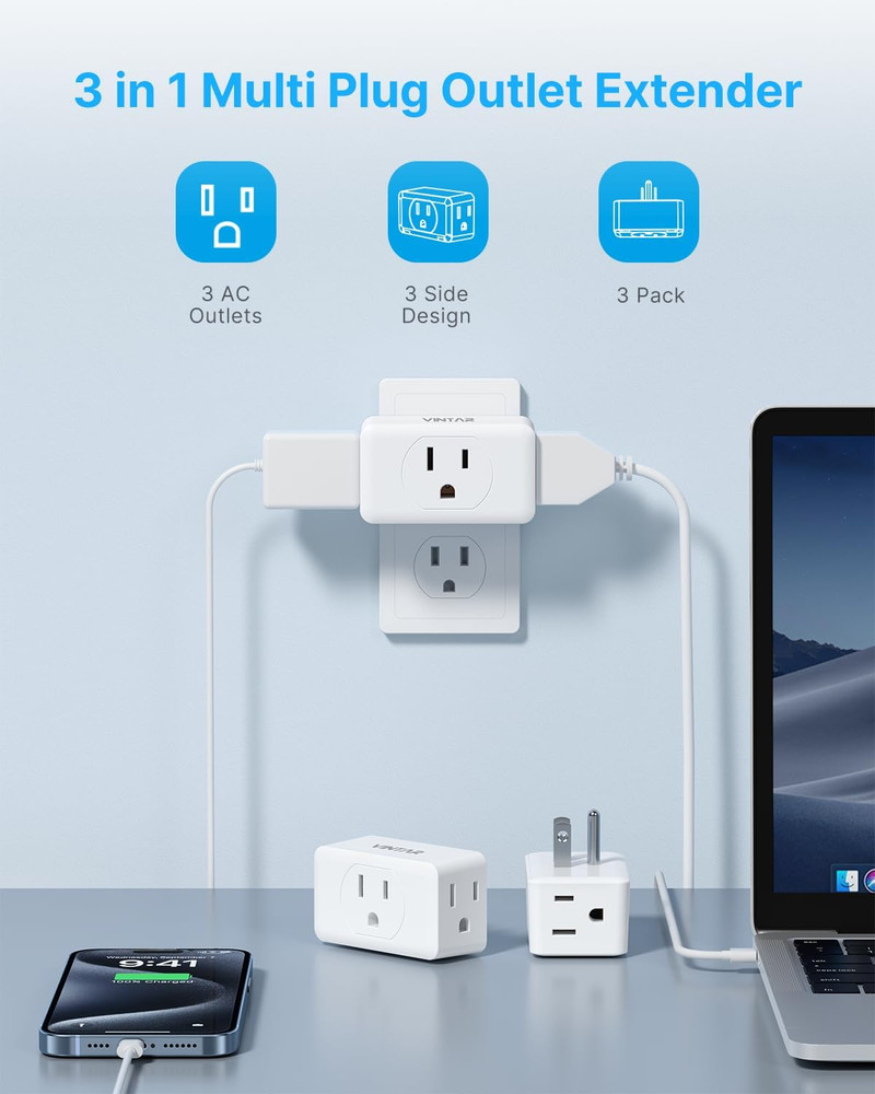 Multi Plug Outlet Extender, 3 Outlet Adapter, Multiple Outlet Splitter, Grounde