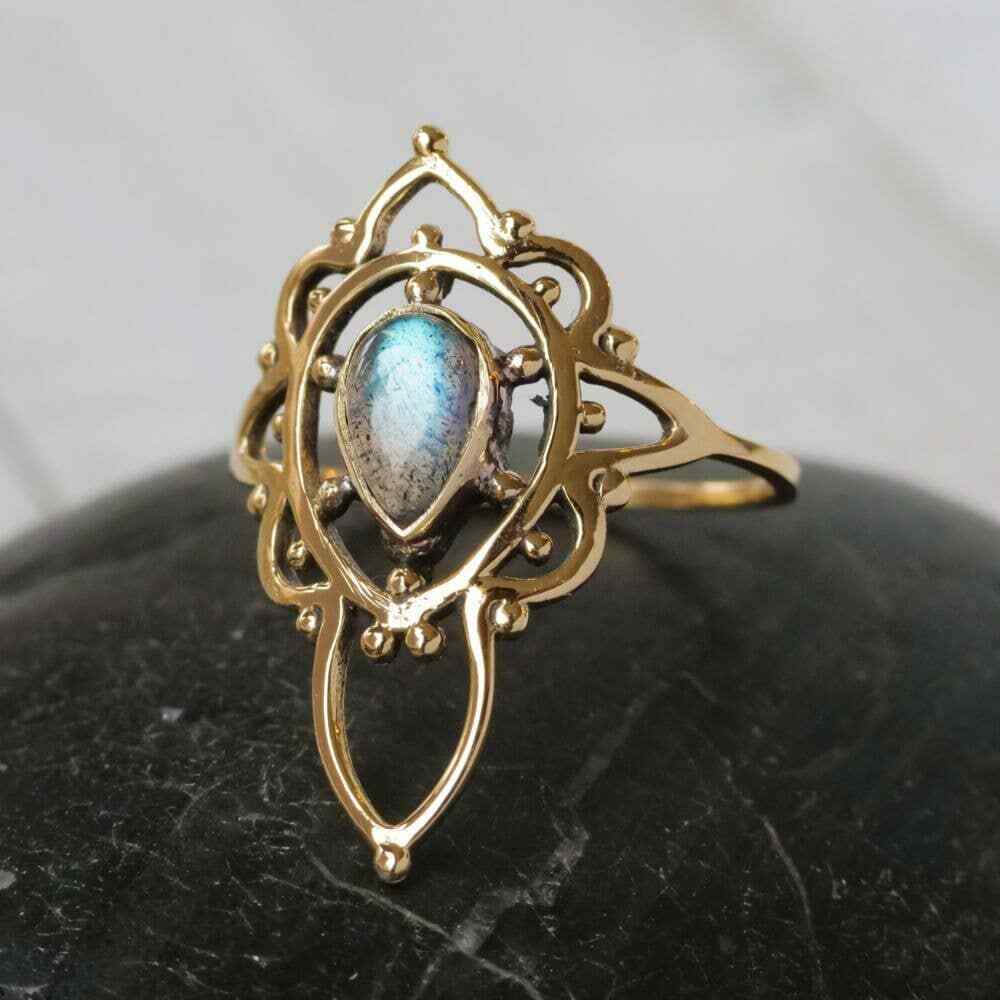 Decorated Brass Ring with Labradorite Stone