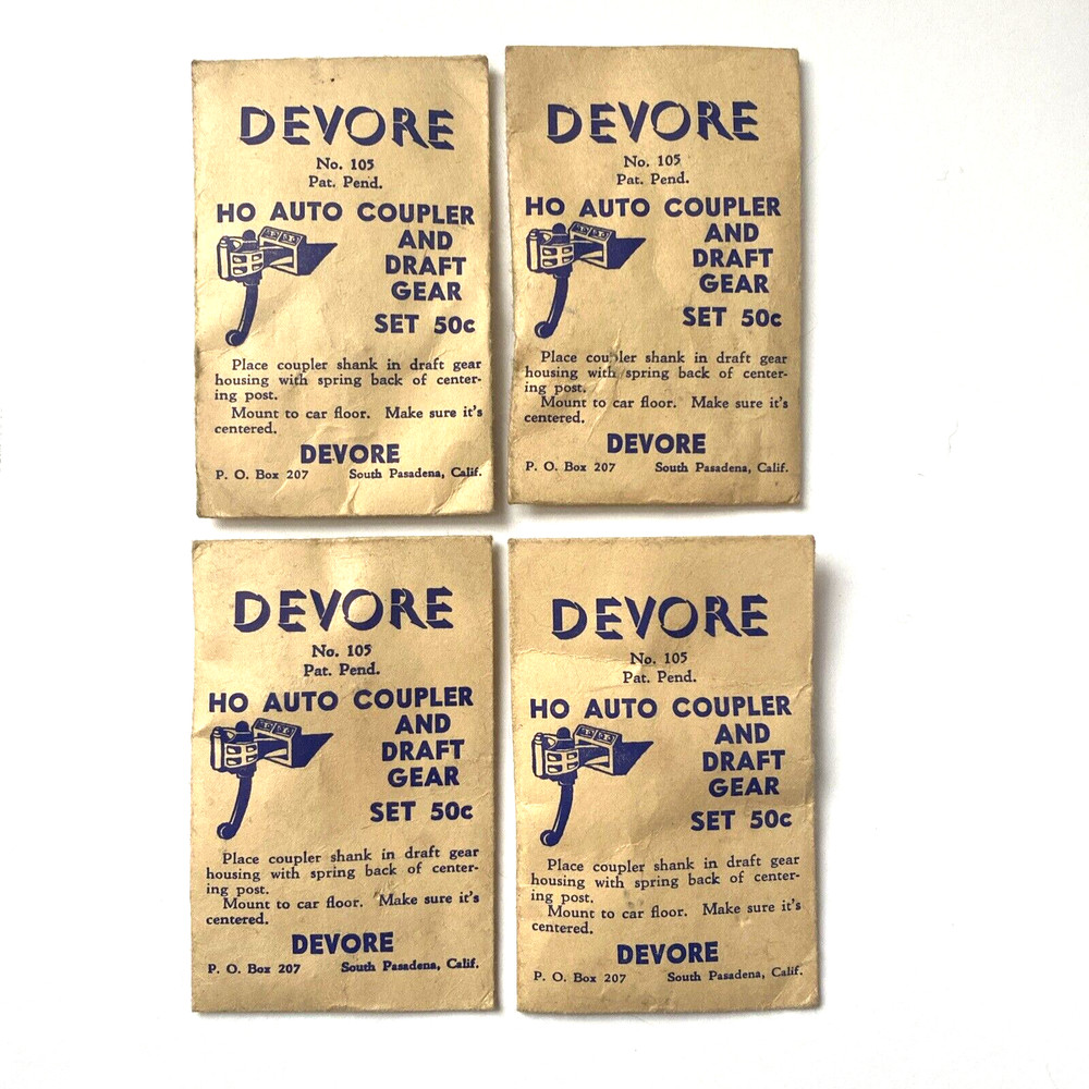 Vintage Devore No. 105 HO Auto Coupler & Draft Gear Set ~ 4 Sealed Envelopes NOS