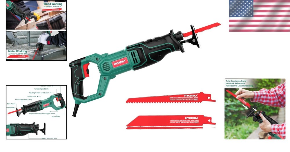 Compact 720W Corded Reciprocating Saw with Variable Speed Control - Green/Black