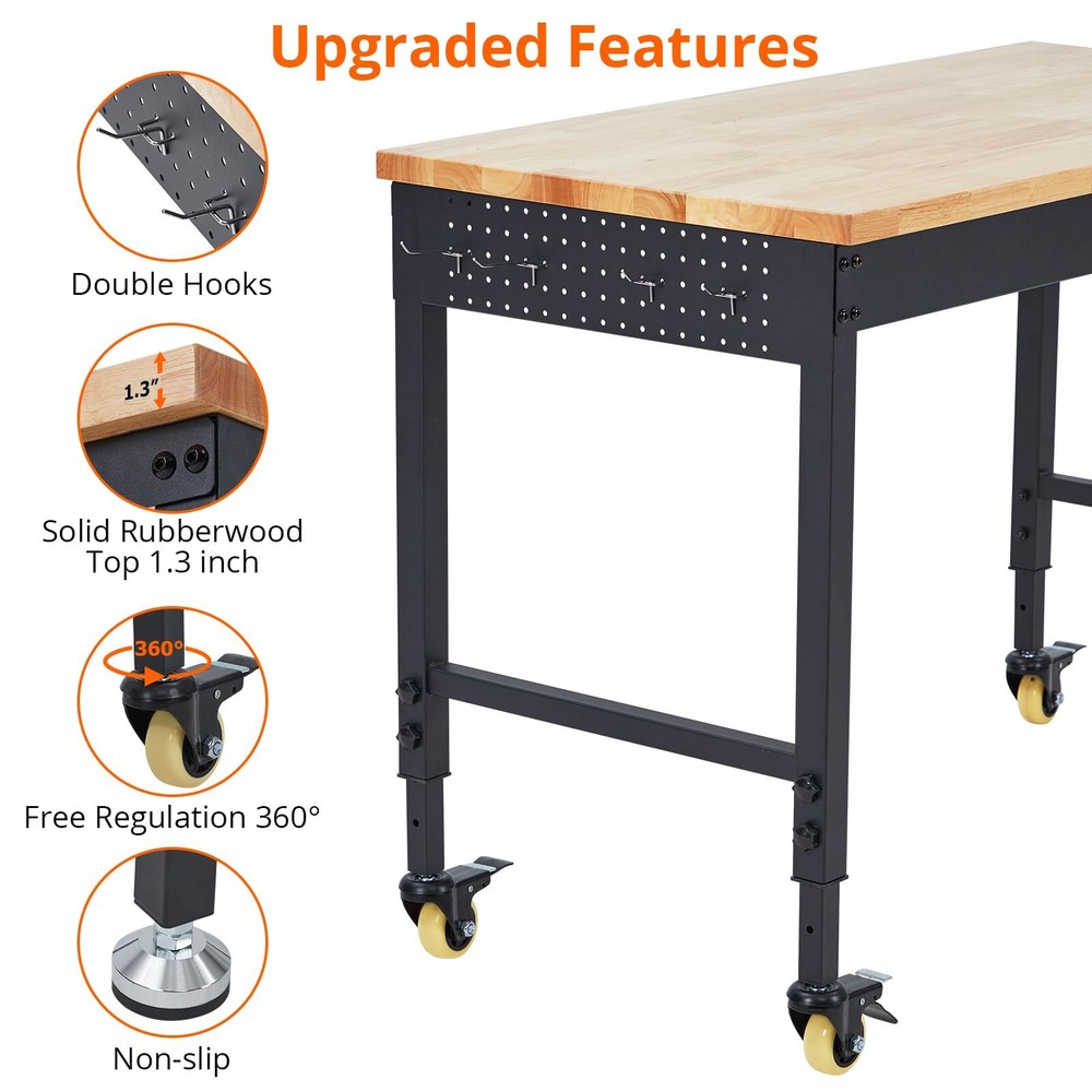 🔥48" Adjustable Workbench Heavy Duty Workstation 2000 LBS Load Capacity Casters