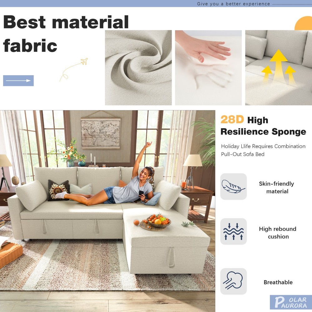 Linen Sleeper Sofa Bed,Pull OutCouch Bed with Storage Chaise