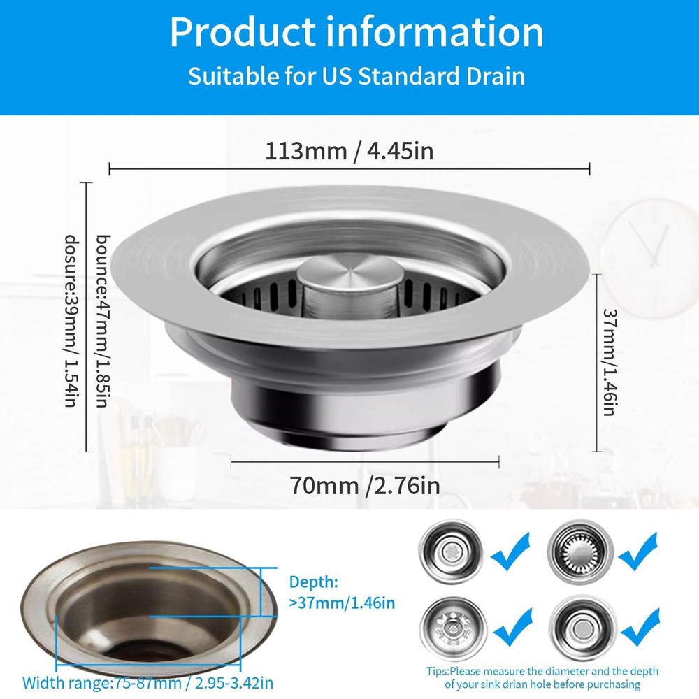 Kitchen Sink Drain Kit Rust-Free SUS304 Strainer Stopper & Drain Assembly