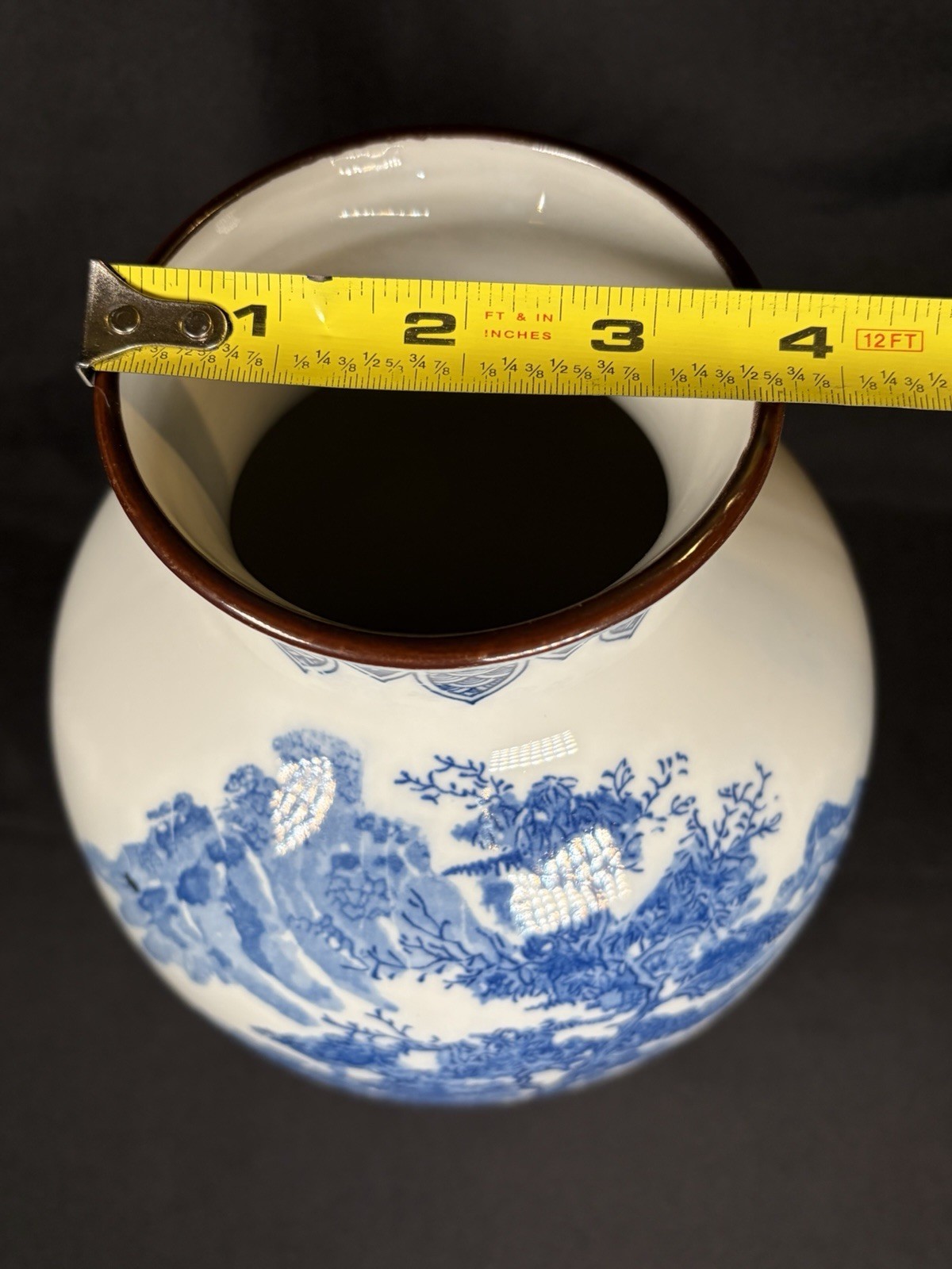 VTG Oriental Blue & White Chinoiserie Vase 9.5" Asian Mountain Pines Scene