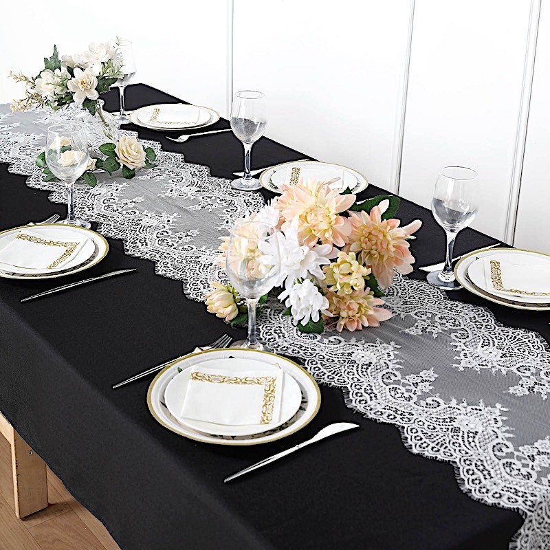 WHITE 15" x 117" Premium Lace TABLE RUNNER Scalloped edges Party Decorations