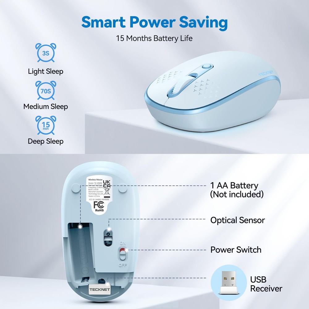 TECKNET Wireless Mouse, 2.4G Quiet Computer Mouse with USB Receiver, 4 Blue