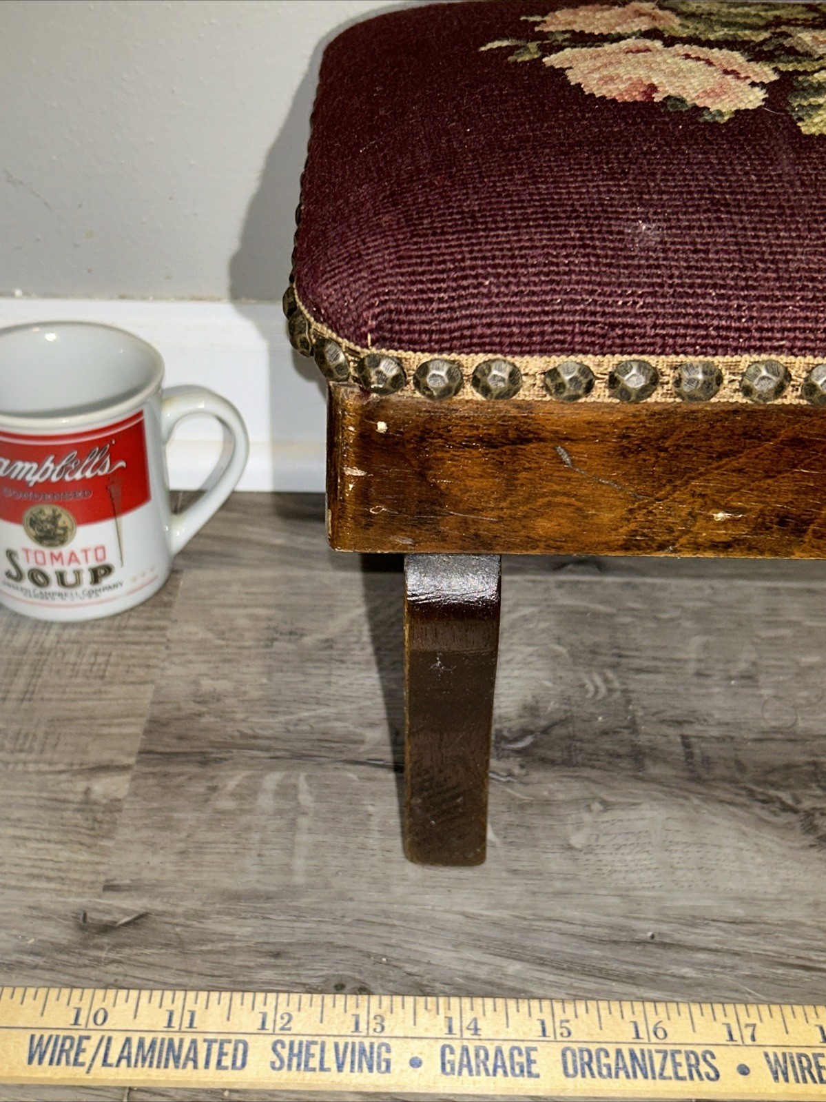19thC Antique Victorian Stud Accents Footstool Floral Needlepoint Carved Walnut*